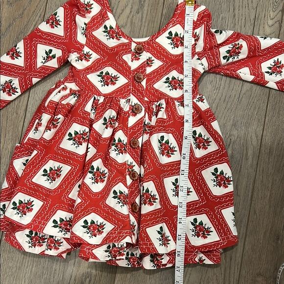 SweetHoney Toddler Girl Red Cream Long Sleeve Pockets Floral Rose Dress Size 18M - Picture 10 of 11